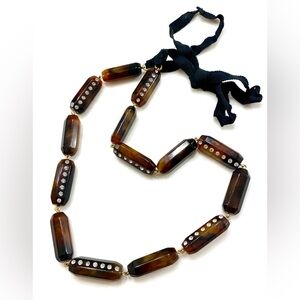 J. Crew Brown Tortoiseshell Bar Necklace with Black Ribbon